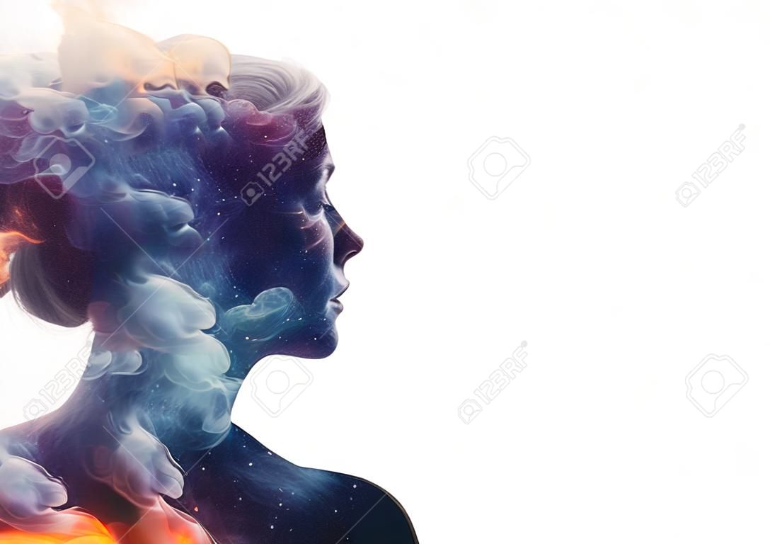 Art portrait. Female universe. Ice fire. Harmony balance. Double exposure glitter orange flames blue smoke in profile woman silhouette isolated on white copy space background.