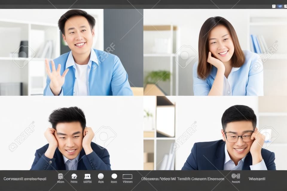 Online meeting. Group videocall. Corporate telework. Remote discussion wfh. Exhausted bored diverse multiethnic team listening to Asian male CEO speaking at digital office on screen.