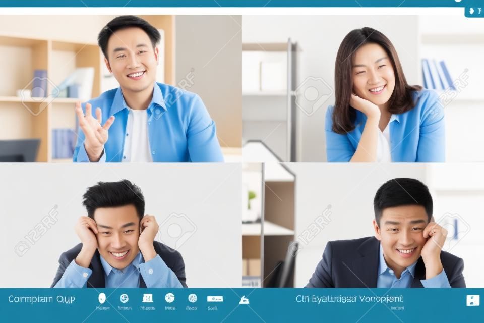 Online-Meeting. Gruppen-Videoanruf. Telearbeit im Unternehmen. Ferngespräch wfh. Erschöpftes, gelangweiltes, vielfältiges multiethnisches Team, das dem asiatischen männlichen CEO zuhört, der im digitalen Büro auf dem Bildschirm spricht.