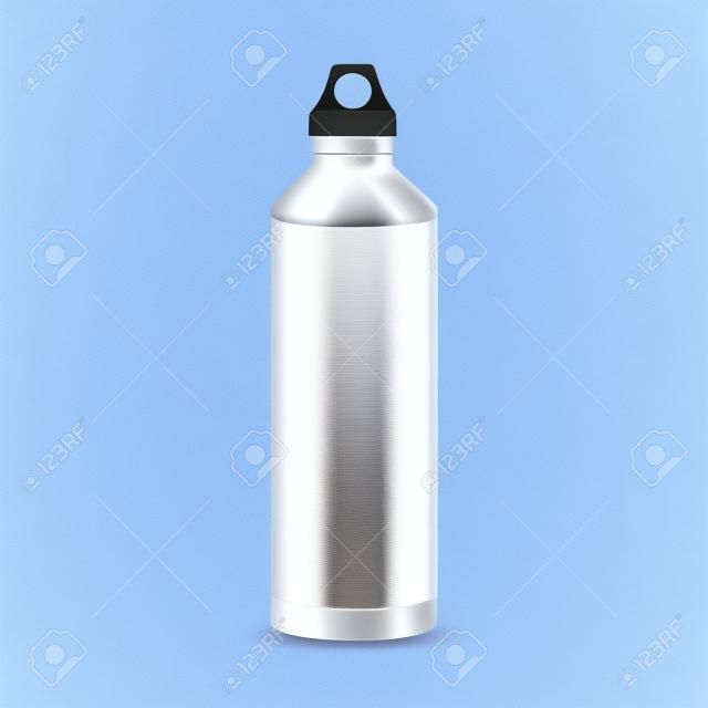 Vector realistic 3d white empty glossy metal water bottle with black bung closeup isolated on transparency grid background. Design template of packaging mockup for graphics. Front view