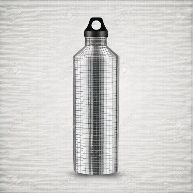 Wektor realistyczna 3d biała pusta błyszcząca metalowa butelka na wodę z czarnym korkiem zbliżenie na białym tle na tle siatki przezroczystości. Zaprojektuj szablon makiety opakowań do grafiki. Przedni widok
