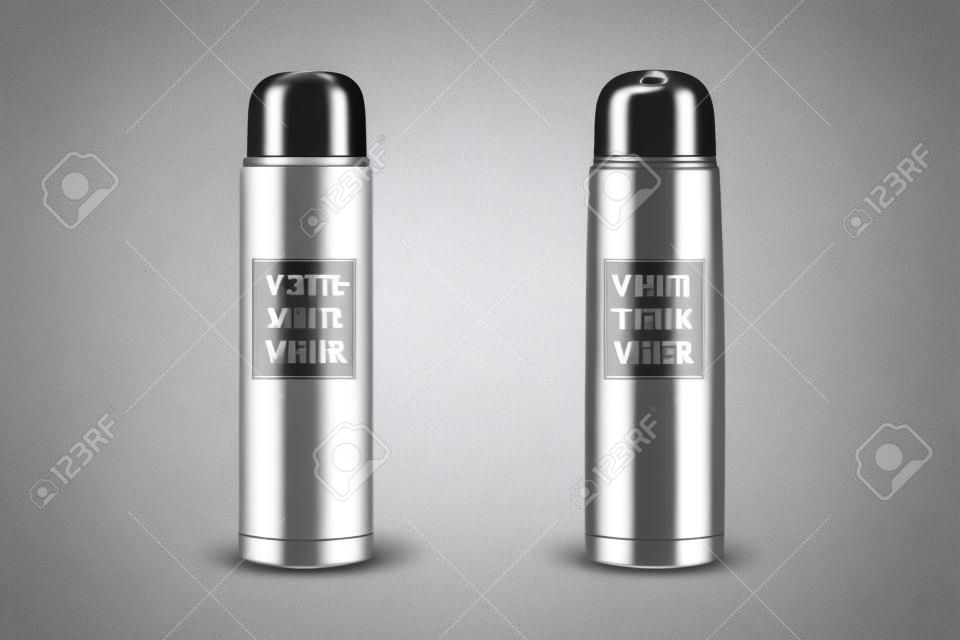 Vector realistic 3d white and black empty glossy metal vacuum thermo tumbler flask icon set closeup on white background. Design template of packaging mockup for graphics. Front view