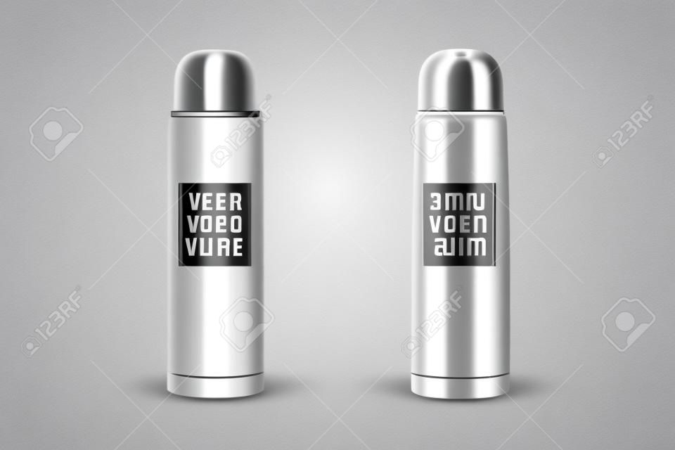 Vector realistisch 3d wit en zwart leeg glanzend metaal vacuüm thermo tumbler fles pictogram set closeup op witte achtergrond. Design sjabloon van verpakking mockup voor graphics.
