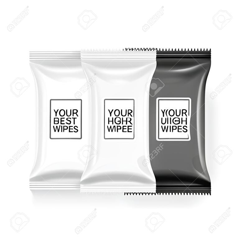Vector Realistic 3d White and Black Wet Wipes Package Icon Set Closeup Isolated on White Background. Design Template of Napkins, Cosmetic, Food, Product or Other Packaging for Mockup. Top view.