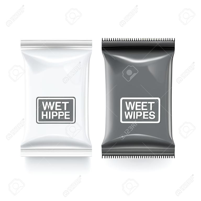 Vector Realistic 3d White and Black Wet Wipes Package Icon Set Closeup Isolated on White Background. Design Template of Napkins, Cosmetic, Food, Product or Other Packaging for Mockup. Top view.