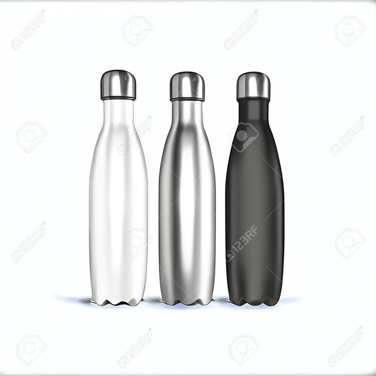 Realistico 3d bianco, argento e nero vuoto metallo lucido bottiglia d'acqua riutilizzabile con tappo d'argento impostato primo piano su sfondo griglia di trasparenza. Modello di progettazione di Packaging Mockup. Vista frontale