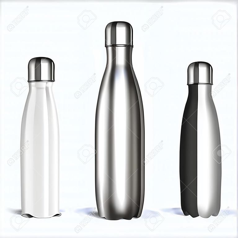 Realistico 3d bianco, argento e nero vuoto metallo lucido bottiglia d'acqua riutilizzabile con tappo d'argento impostato primo piano su sfondo griglia di trasparenza. Modello di progettazione di Packaging Mockup. Vista frontale