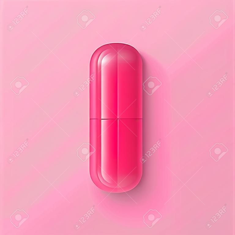 Vector 3d Realistic Pink Pharmaceutical Medical Pill, Capsule, Tablet on Pink Background. Front, Top View. Medicine, Health Concept