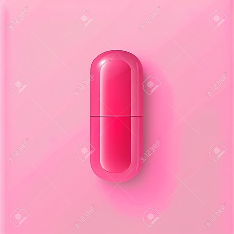 Vector 3d Realistic Pink Pharmaceutical Medical Pill, Capsule, Tablet on Pink Background. Front, Top View. Medicine, Health Concept
