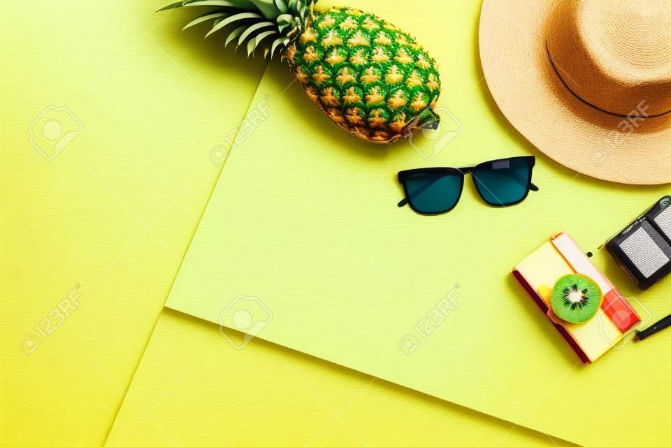 Letnia impreza. czas na relaks i podróżowanie z okularami przeciwsłonecznymi, aparatem, kapeluszem i owocami ananasa na pastelowym tle. styl vintage