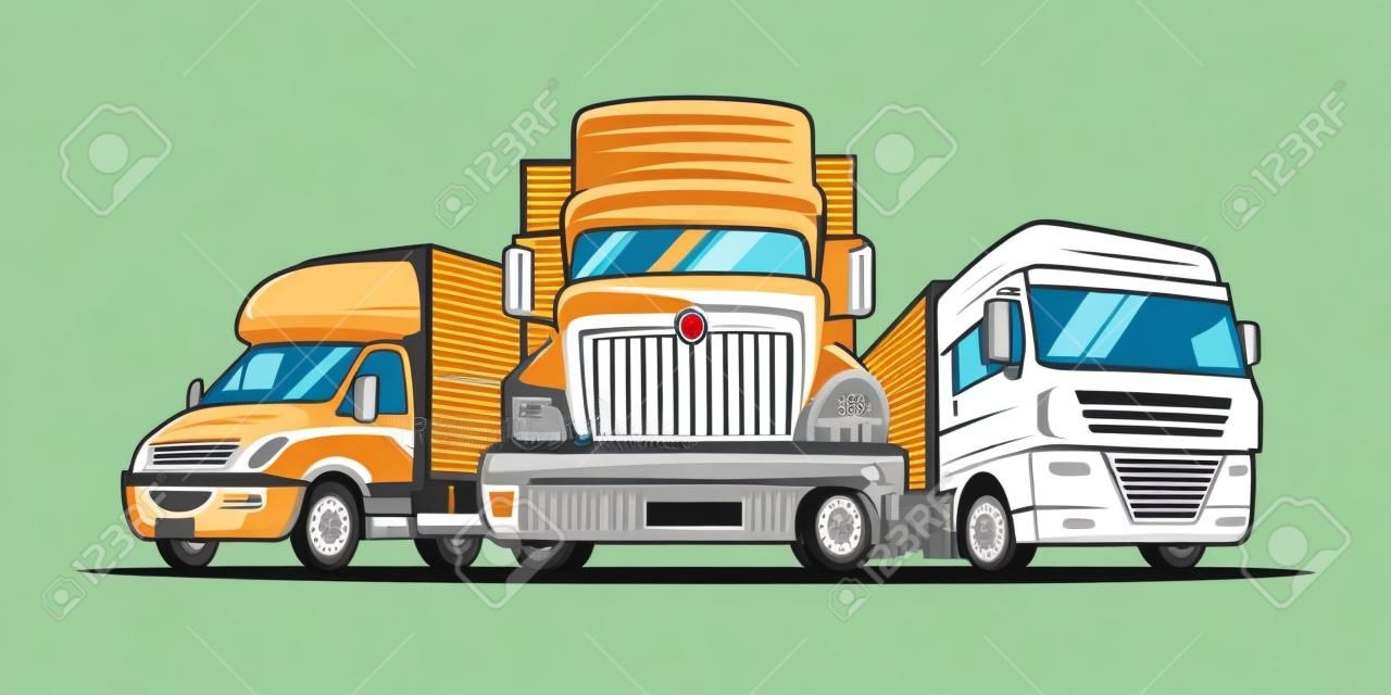 Camion, carico, consegna. Logotipo dell'azienda logistica. Illustrazione vettoriale.