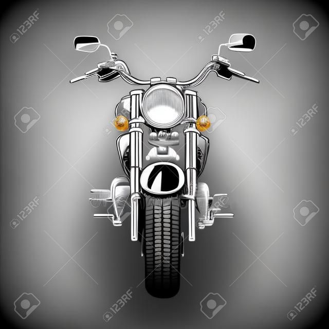 Vorderansicht des Chopper-Motorrads isoliert auf schwarzem Hintergrund. Schwarz-Weiß-Vektor-Illustration.