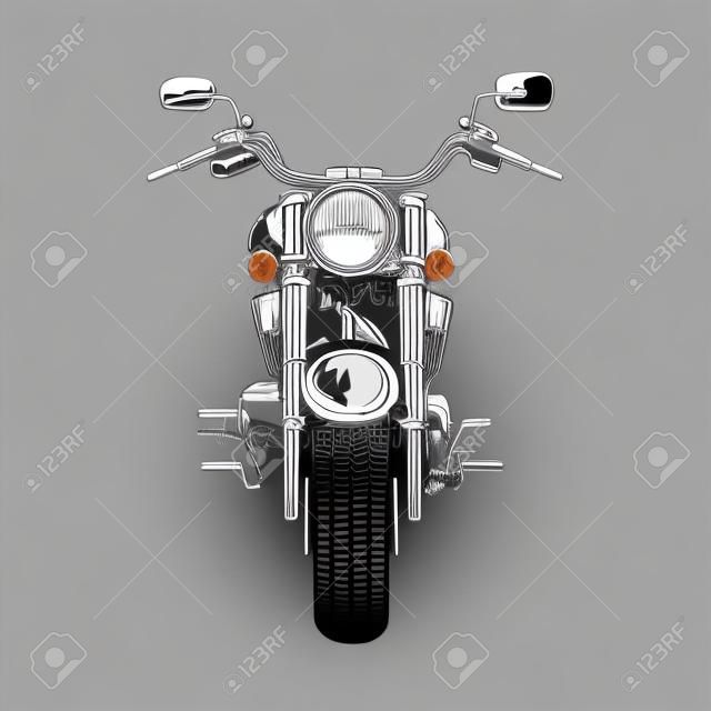Vista frontale del motociclo chopper isolata su sfondo nero. Illustrazione vettoriale in bianco e nero.
