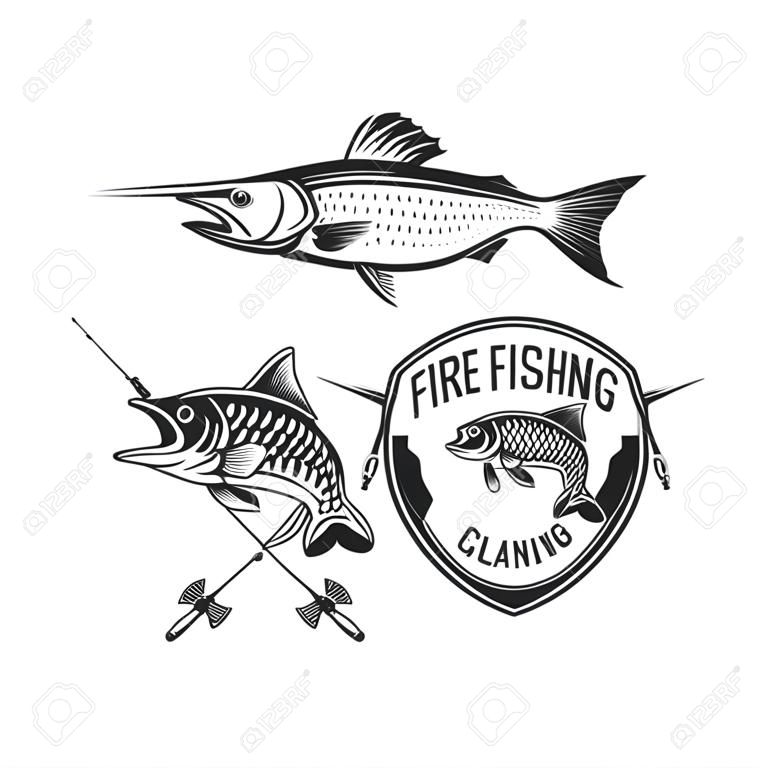 Monochrome illustration with a fish logos for design on a fishing theme.