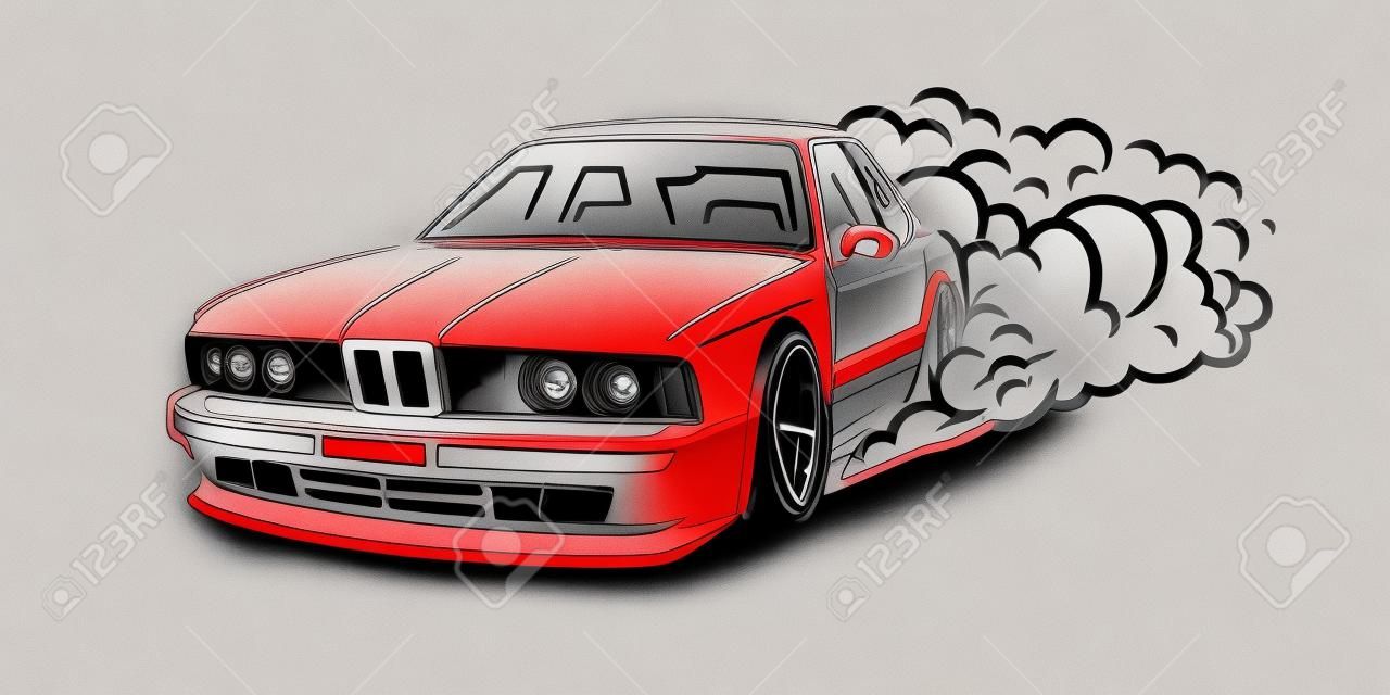 smoky wheels. Illustration of a drift sports car. design element.