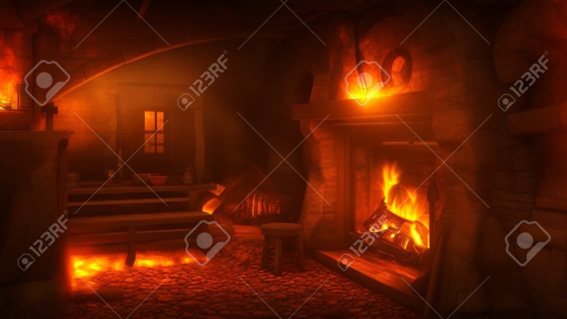 Illustrazione 3D di una taverna medievale con un grande camino aperto e una pentola sul fuoco.
