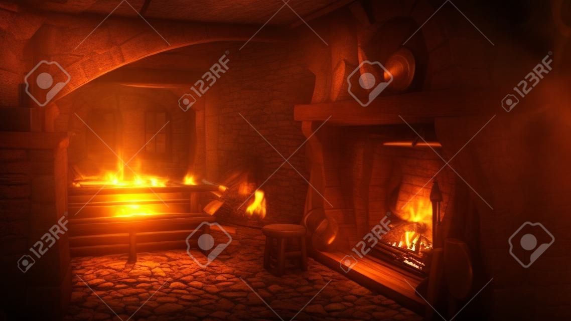 3d ilustracja średniowiecznego baru tawerny z dużym otwartym kominkiem i garnkiem do gotowania na ogniu.