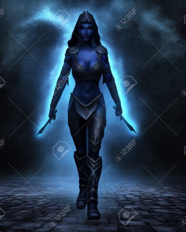 Eine schöne exotische Fantasy-Dunkelelfen-Kriegerin, die mit zwei Dolchen bewaffnet auf die Kamera zugeht. 3D-Darstellung.