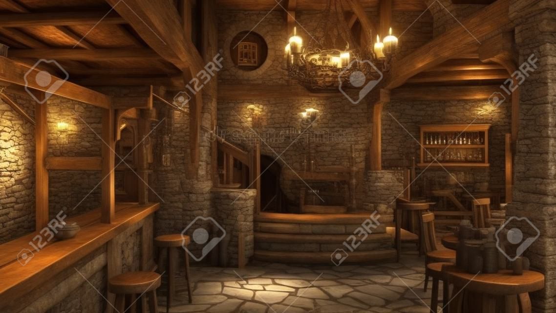 Il bar di una locanda medievale con pavimento in pietra, tavoli di cibo e bevande e scudi decorativi alle pareti. illustrazione 3D.