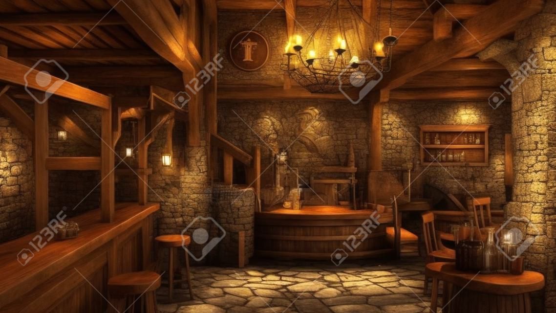 Die Bar eines mittelalterlichen Wirtshauses mit Steinboden, Tischen mit Speisen und Getränken und dekorativen Schildern an der Wand. 3D-Darstellung.