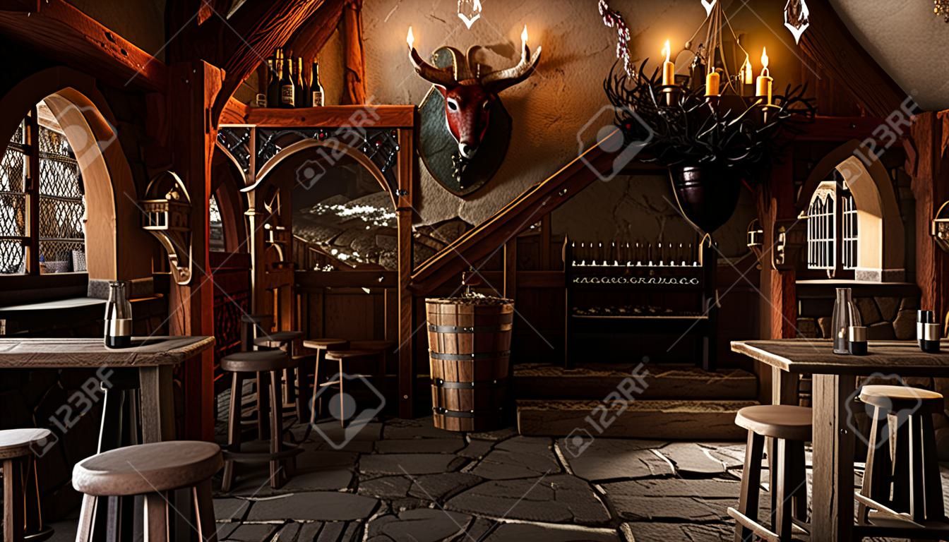 The Bar Of A Medieval Inn With Stone Floor, Tables Of Food And Drink And  Decorative Shields On The Wall. 3D Illustration. Фотография, картинки,  изображения и сток-фотография без роялти. Image 181733108