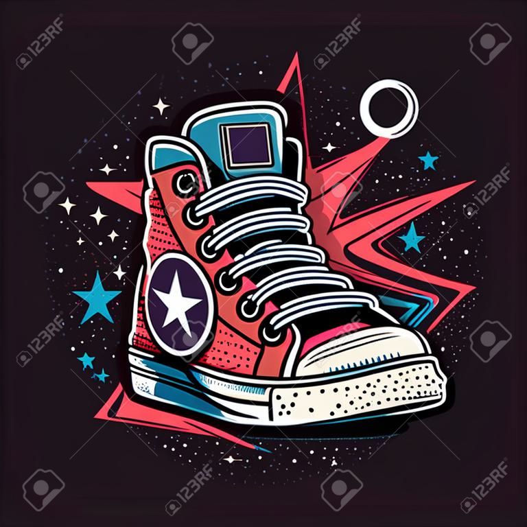 Sneakers illustration, isolated. Basketball shoe linear silhouette. Sneaker shop logo. Man sport footwear. Casual fashion banner