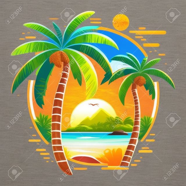Tropical Island Palms Logo Beach Travel Retro Postcard Sea Sand Ocean Summer Vacation Sunset