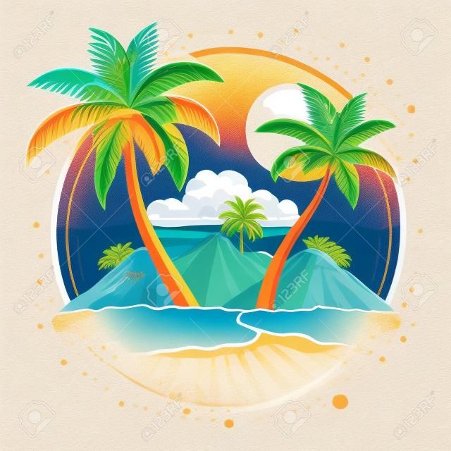 Tropikalna wyspa palmy logo plaża podróż retro pocztówka morze piasek ocean letnie wakacje zachód słońca
