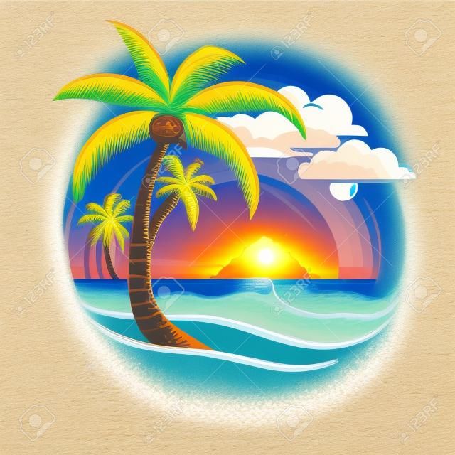Tropical Island Palms Logo Beach Travel Retro Postcard Sea Sand Ocean Summer Vacation Sunset
