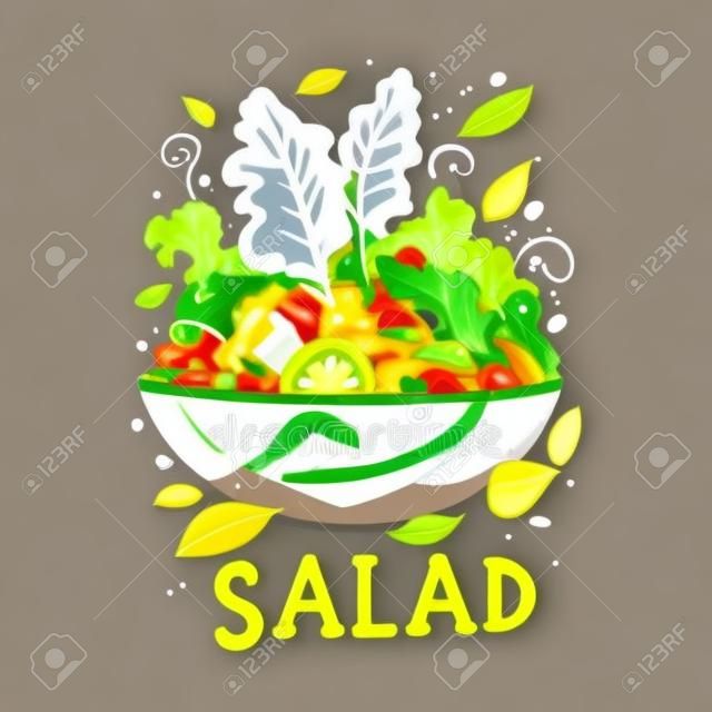 La ensalada consiste en tomate, hojas de lechuga, rúcula, albahaca, pimientos, cebollas y pepino. Ilustración de vector de concepto de alimentos saludables
