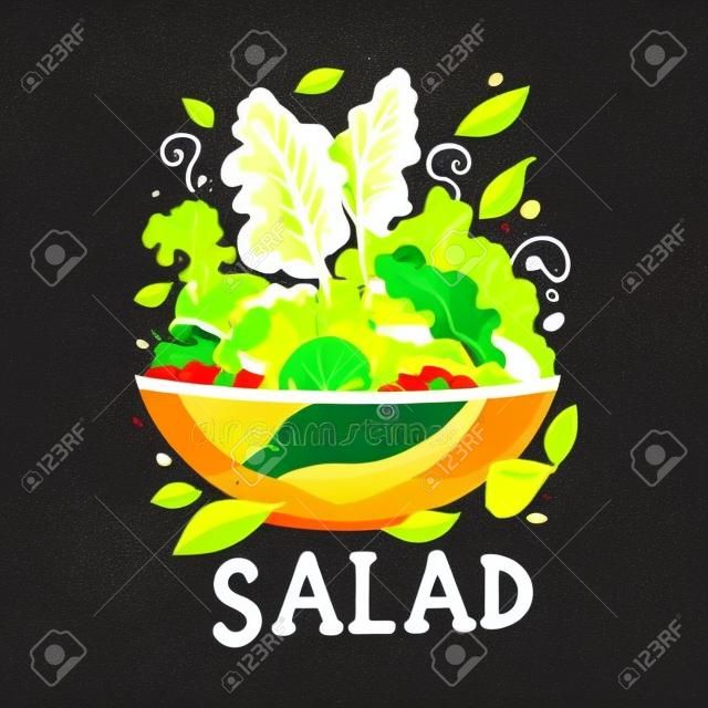 Der Salat besteht aus Tomaten, Salatblättern, Rucola, Basilikum, Paprika, Zwiebeln und Gurken. gesunde Lebensmittelkonzept-Vektorillustration