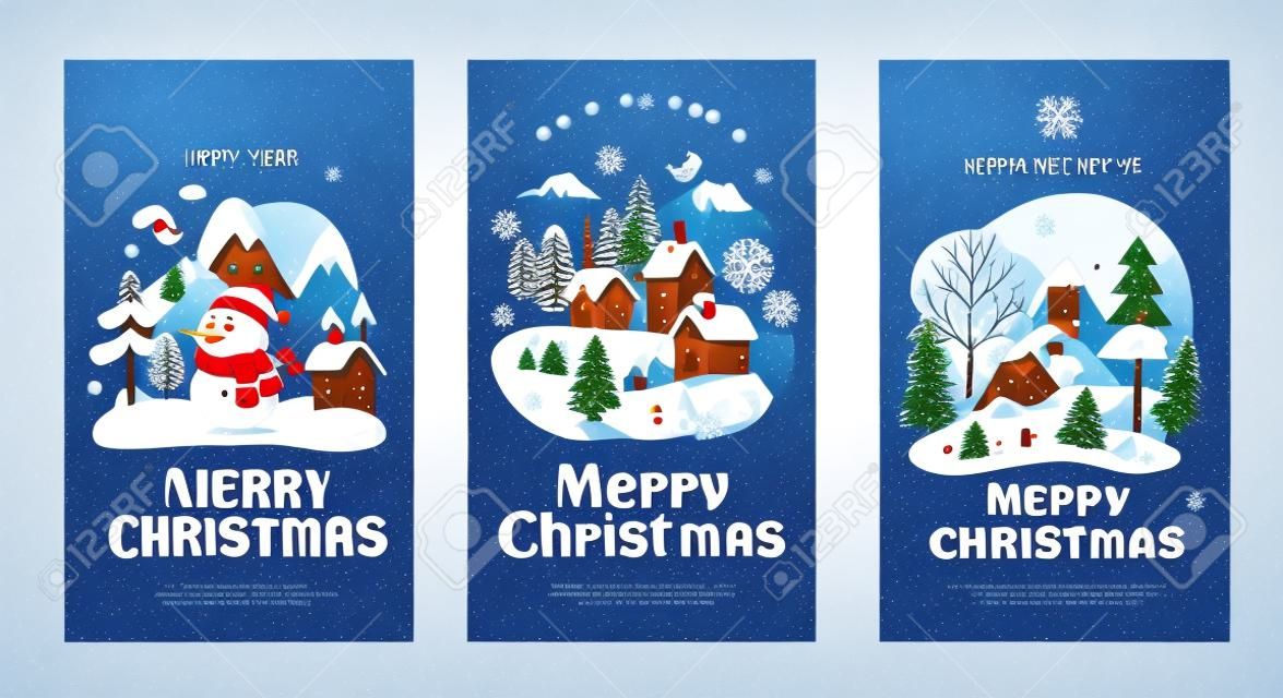 Illustratie template van Vrolijk Kerstmis Gelukkig Nieuwjaar Groeten Kaart Uitnodiging Banner platte vector stijl, kerstman clausule, kinderen, sneeuwman, winter, boom, bos, natuur