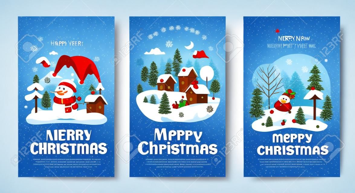 Illustratie template van Vrolijk Kerstmis Gelukkig Nieuwjaar Groeten Kaart Uitnodiging Banner platte vector stijl, kerstman clausule, kinderen, sneeuwman, winter, boom, bos, natuur
