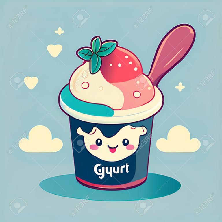 Illustration de yaourt aux fruits sur tasse logo mignon mascotte crème glacée gelato dessin animé art design dans le style de couleur de contour plat vectoriel