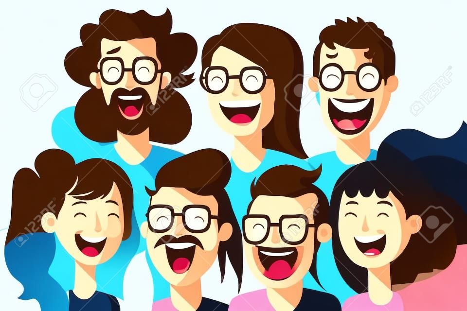 Persone del gruppo di risate felici dell'illustrazione, ritratto di ragazzi e ragazze sorridenti sullo stile del fumetto di vettore di colore piatto del partito del nuovo anno