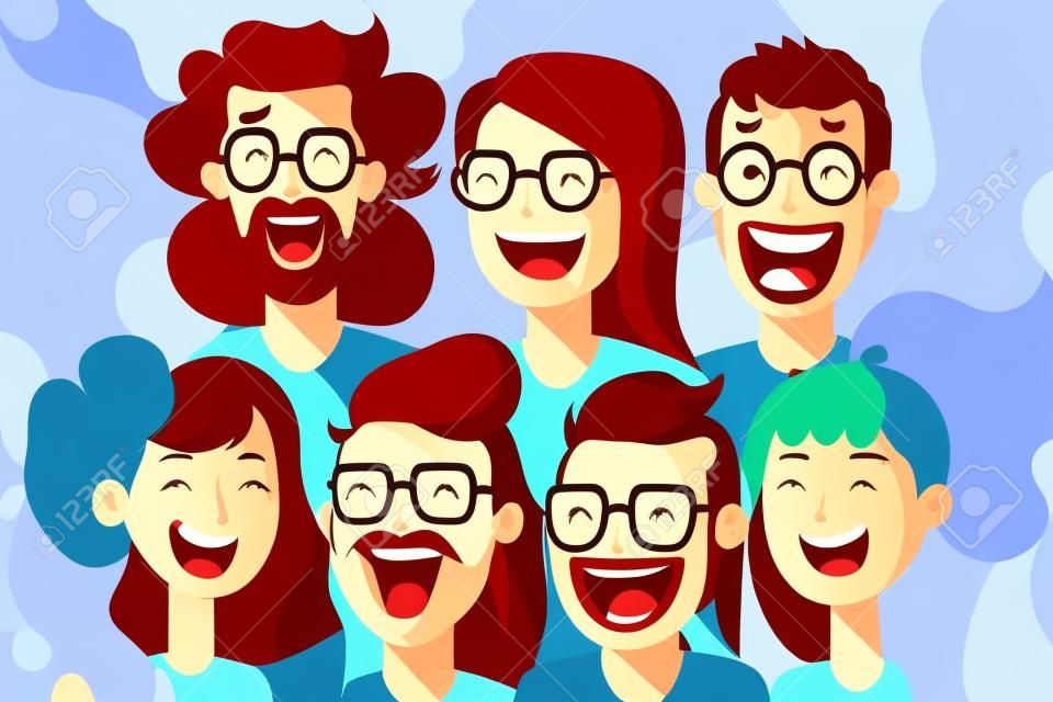 Ilustración gente del grupo de risa feliz, retrato de niños y niñas adolescentes sonrientes en el estilo de dibujos animados de vector de color plano de fiesta de año nuevo