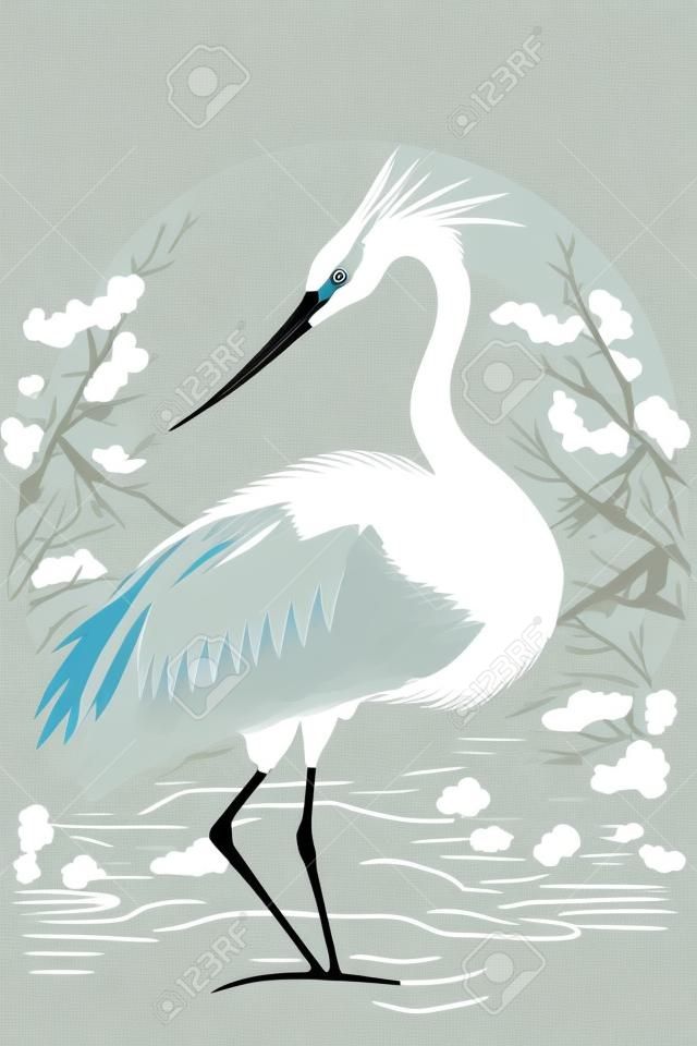 壁画印刷装飾ポスター用のベクターフラットカラースタイルの白い日本の鶴の鳥のイラスト