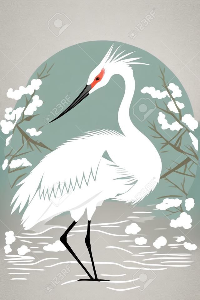 壁画印刷装飾ポスター用のベクターフラットカラースタイルの白い日本の鶴の鳥のイラスト
