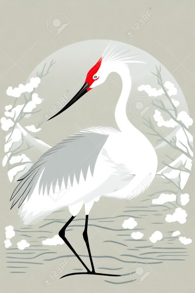 Ilustracja białego japońskiego ptaka Żuraw w wektorze płaski kolor stylu plakatu dekoracyjnego ściennego