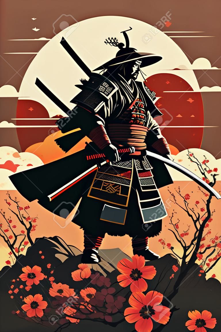 Illustration der Silhouette des japanischen Samurai-Kriegers mit Schwert, das auf Sonnenuntergang steht, Vektorhintergrund für Wandkunstdruck-Banner-Design-Vorlage