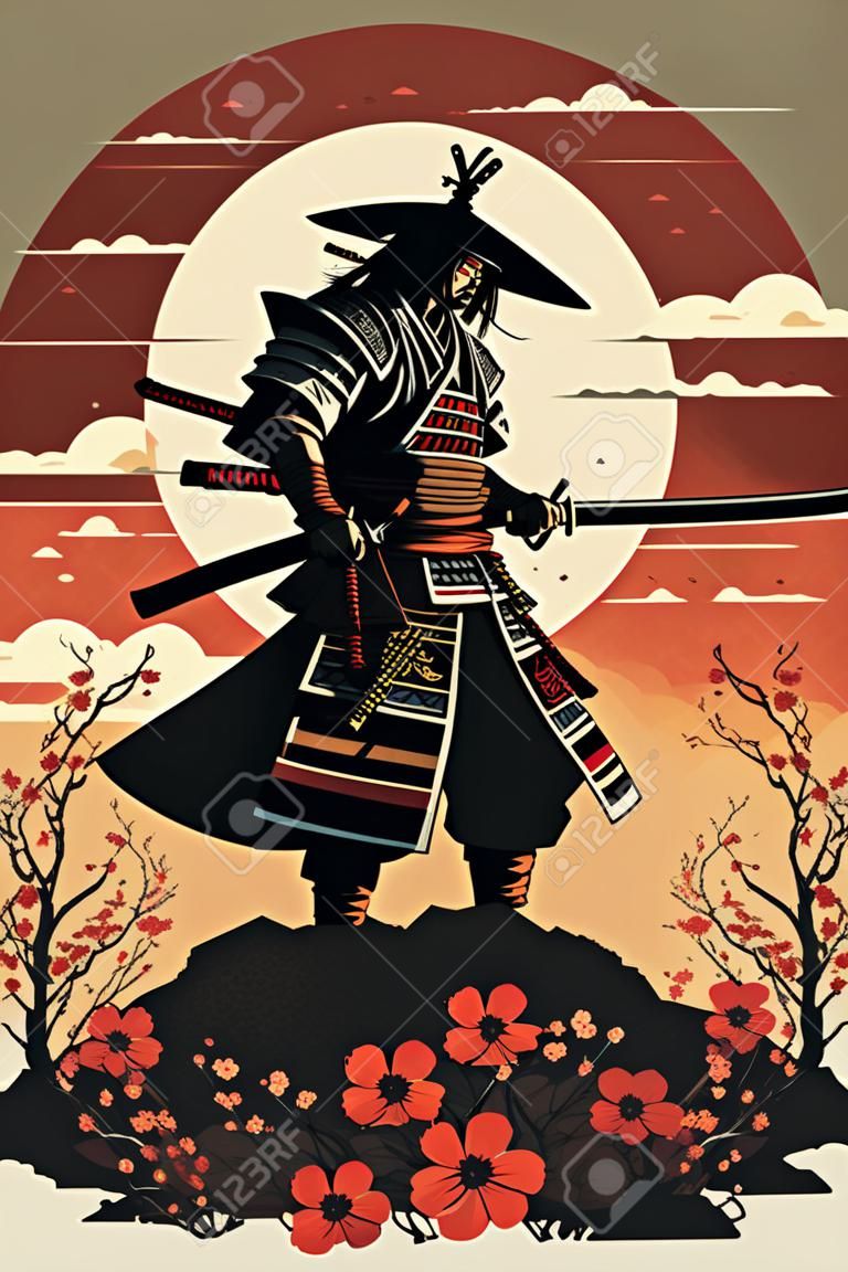 illustration of Silhouette of Japanese samurai warrior with sword standing on sunset vector background for wall art print banner design template