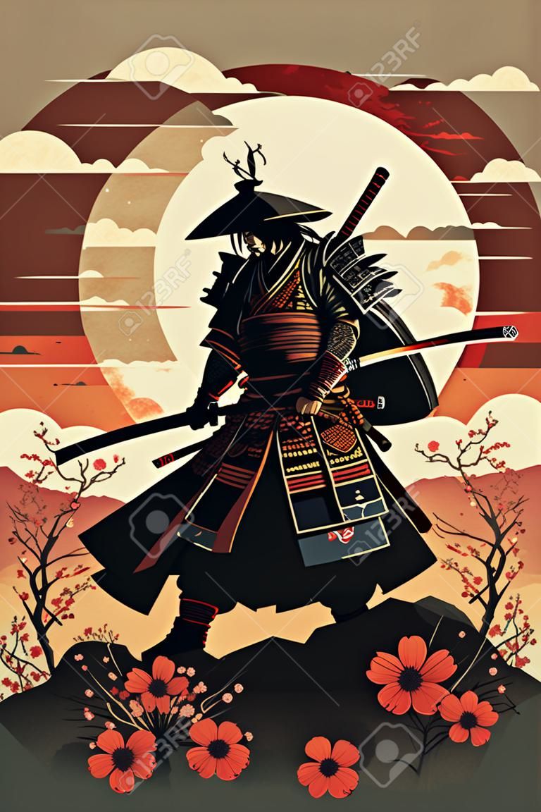 Illustration der Silhouette des japanischen Samurai-Kriegers mit Schwert, das auf Sonnenuntergang steht, Vektorhintergrund für Wandkunstdruck-Banner-Design-Vorlage