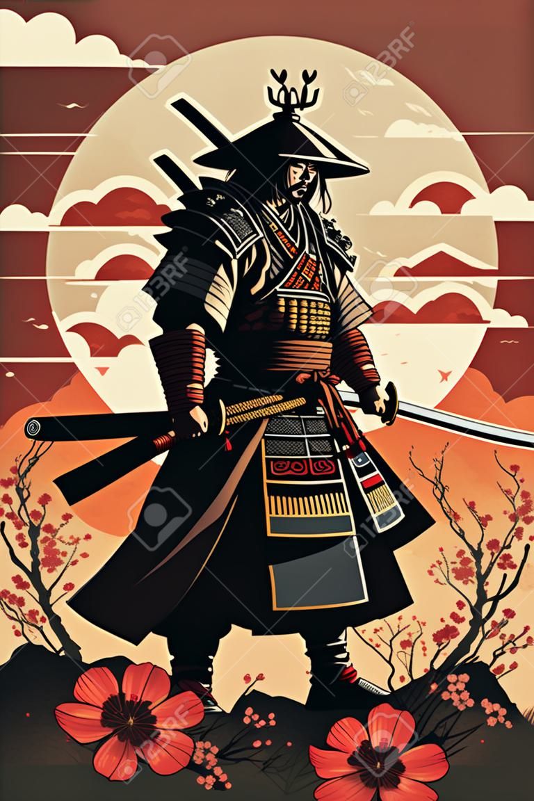 ilustração de Silhouette de samurai guerreiro japonês com espada em pé no fundo do vetor do pôr do sol para modelo de design de banner de impressão de arte de parede