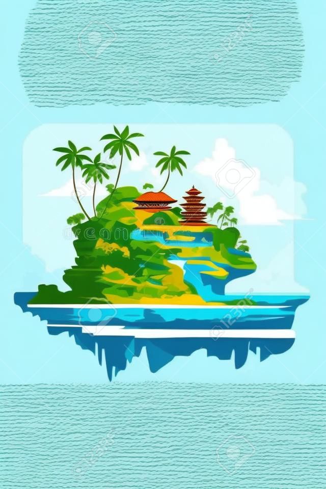 Tanah lot temple hindou bali mer tropicale île affiche couleur plate illustration vectorielle