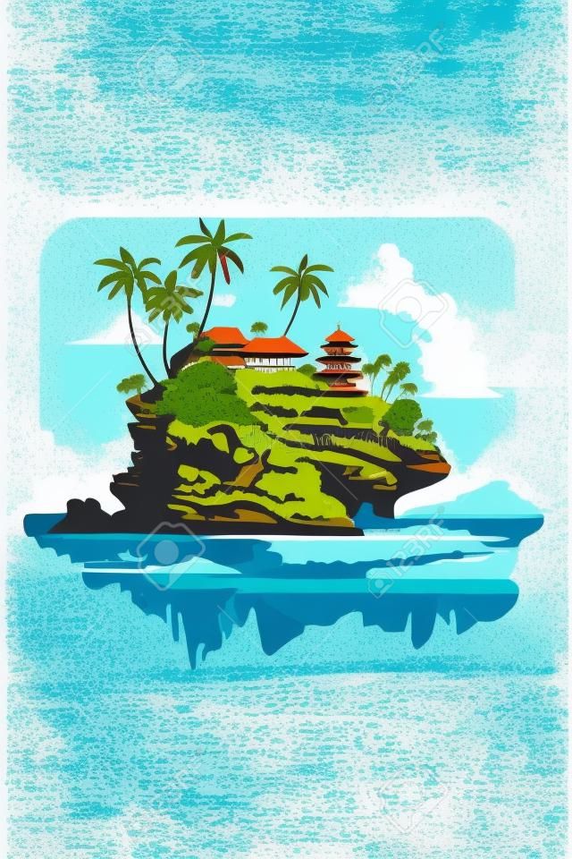 tanah Lot hindu temple, Bali tropical sea island poster flat color vector illustration