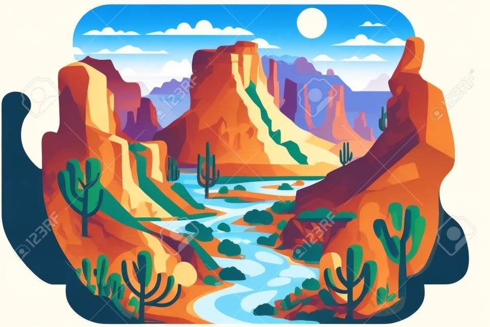 illustration of grand canyon. Desert landscape with mountains and river. in flat style Vector