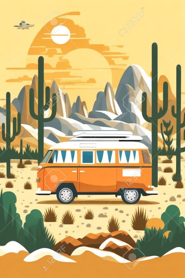 Vintage camper in de woestijn. Vector illustratie in platte kleur cartoon stijl poster