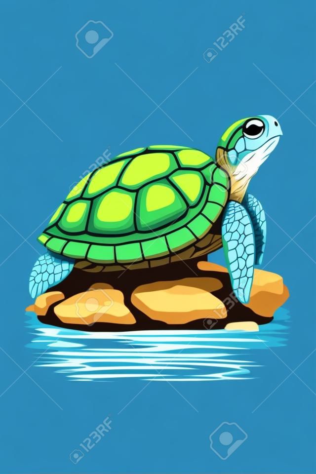 Turtle on a rock in the water. Vector illustration in cartoon style.