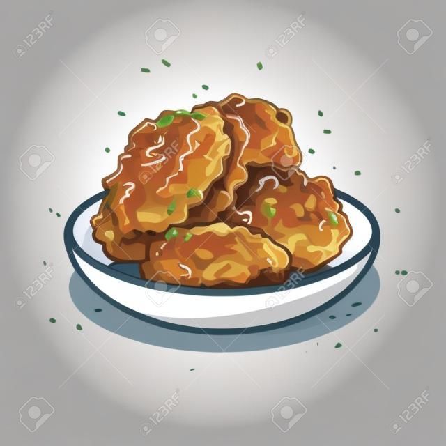 Nuggets de pollo frito en una ilustración de vector de plato en estilo de dibujos animados