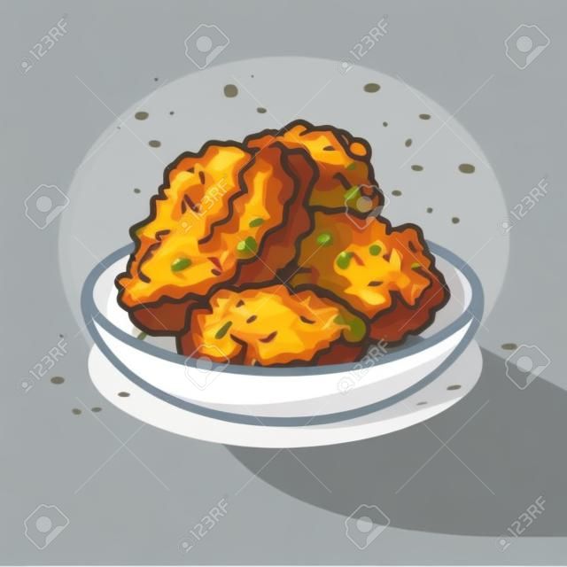 Nuggets de pollo frito en una ilustración de vector de plato en estilo de dibujos animados